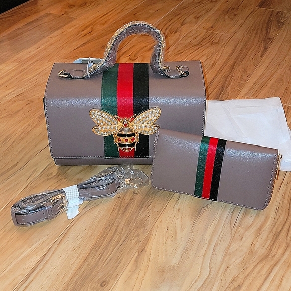 Calin Handbags - Women's Calin Bee Accent Box Satchel Handbag Purse with Matching Wallet Brown